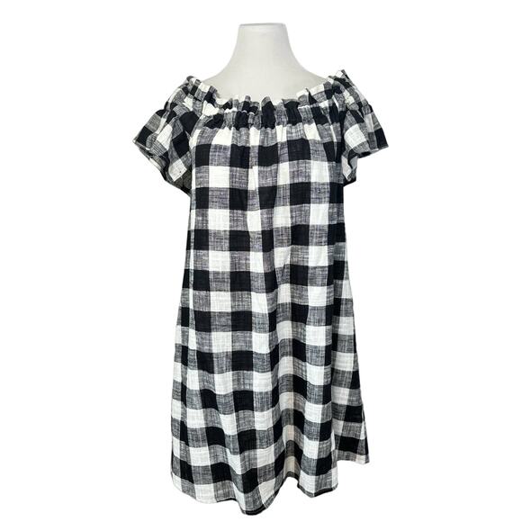 Corey Lynn Calter Gingham Off The Shoulder Linen Blend Dress Black White Medium - Picture 2 of 11